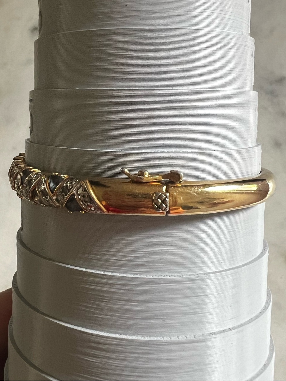 Vintage Gold plated Blue & Clear Pave Rhinestone Hinged Bangle Bracelet 6.5”